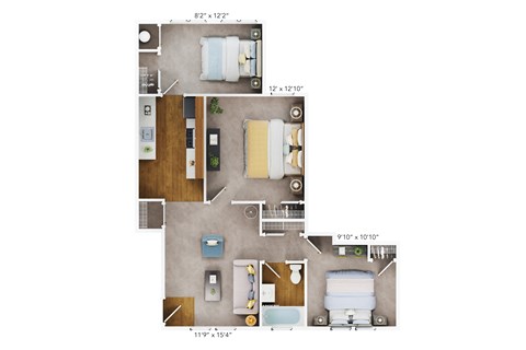 Floor plan for 3 beds, 1 bath, 964 sqft